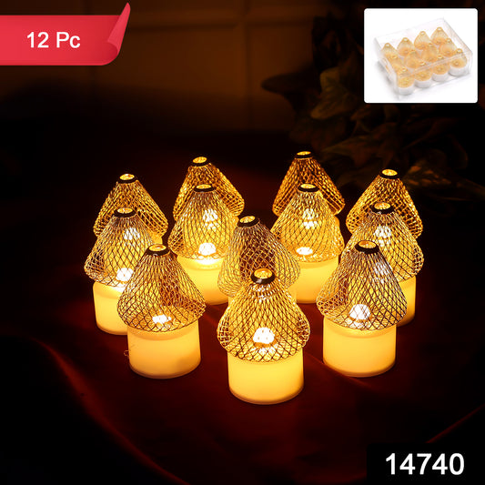 Set of 12 Golden Net LED Flameless Tealight Candles – Battery Operated Decorative Lights