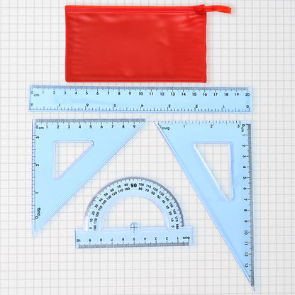 4-Piece Transparent Geometry Set – Ruler, Protractor & Set Squares | Zipper Pouch