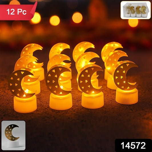 Set of 12 Decorative Moon Shaped Flameless LED Candles – Warm Yellow Glow