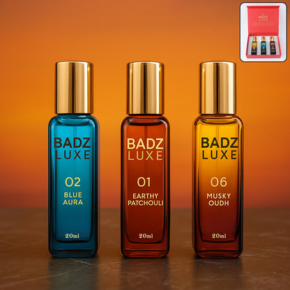 3 Pc Premium Perfume Gift Set – 20ml Each | Blue Aura, Patchouli & Oudh