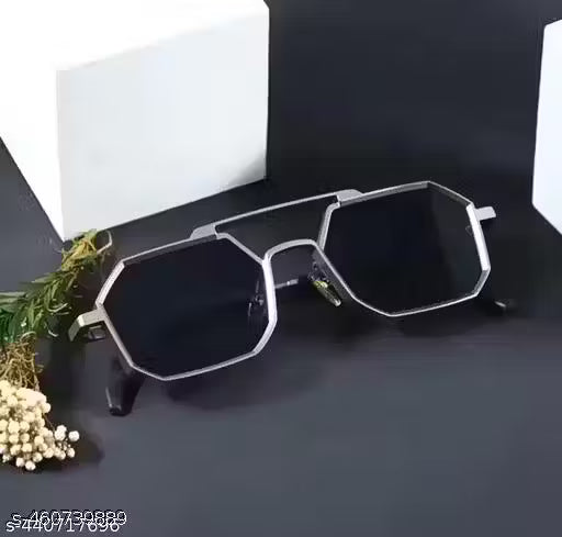 MKR Hexagonal Polarized Sunglasses – Silver Metal Frame | Designer UV Protection for Men & Women  (5)