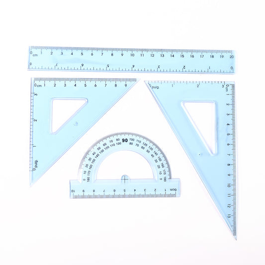 4-Piece Transparent Geometry Set – Ruler, Protractor & Set Squares | Zipper Pouch