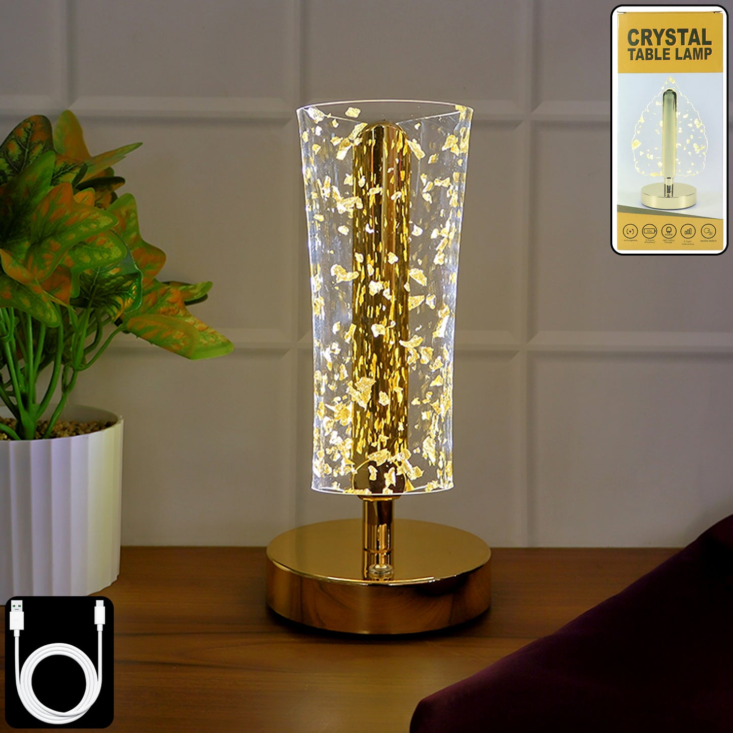 Golden Crystal LED Table Lamp – USB Rechargeable Decorative Light