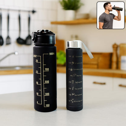 2-Pc Black Motivational Water Bottle Set – 900ML & 300ML, Leakproof