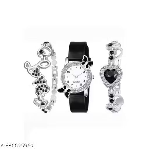 (6A) Elegant PU Strap Watch with Matching Bracelet – Stylish Combo for Girls