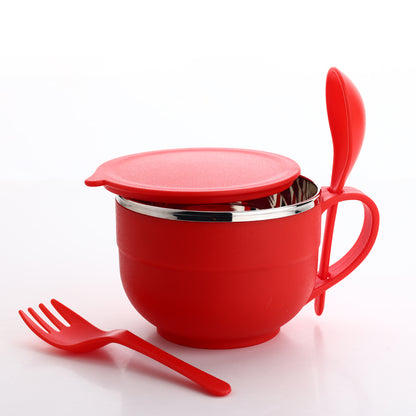 Stainless Steel Noodles & Soup Bowl with Lid, Handle, Spoon & Fork – Insulated Food Bowl
