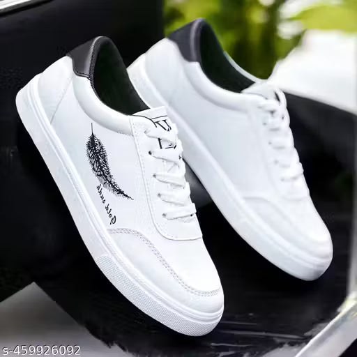 (1A) Leaf White Casual Lace-Up Shoes for Men – Comfortable Synthetic Design with PVC Sole
