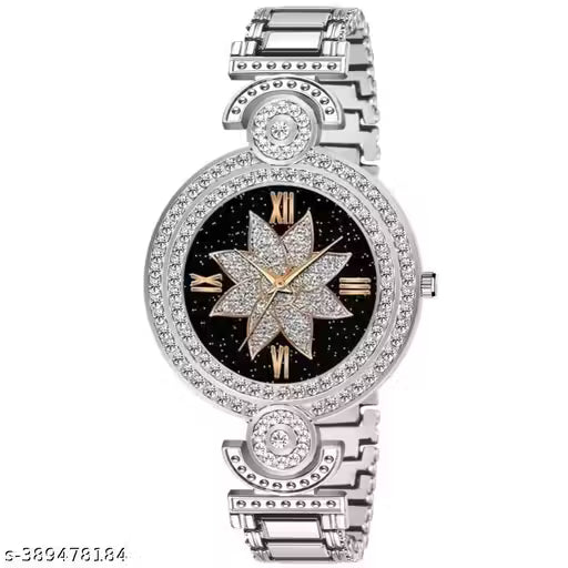 (14A) Medboo Silver Bracelet Watch with Black Star Flower Dial – Elegant Timepiece for Girls & Women