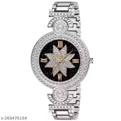 (14A) Medboo Silver Bracelet Watch with Black Star Flower Dial – Elegant Timepiece for Girls & Women