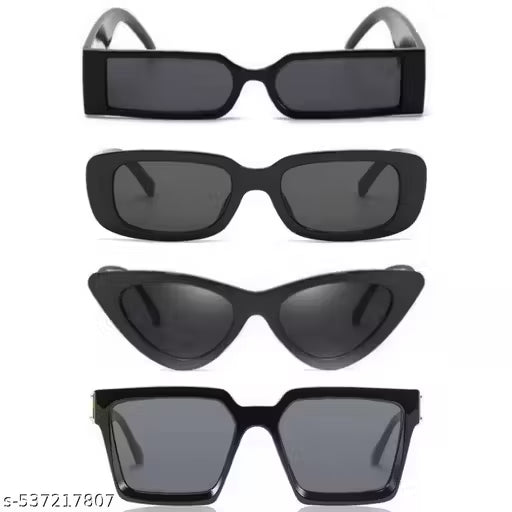 Women's Rectangular Sunglasses – Bold Black Frame | Set of 4 Stylish Essentials  (4)