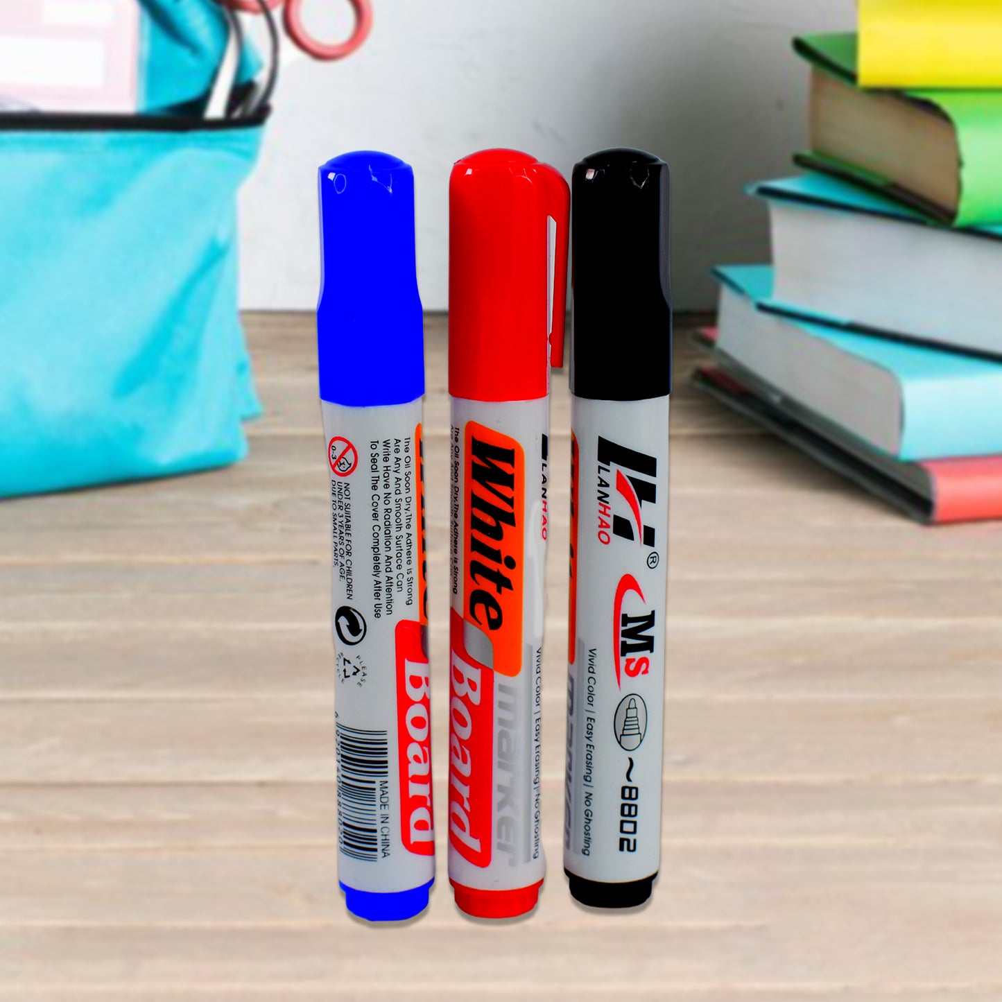 Whiteboard Marker Set – 3 Colors + Board Duster | Classroom & Office Use- Pack Of 4