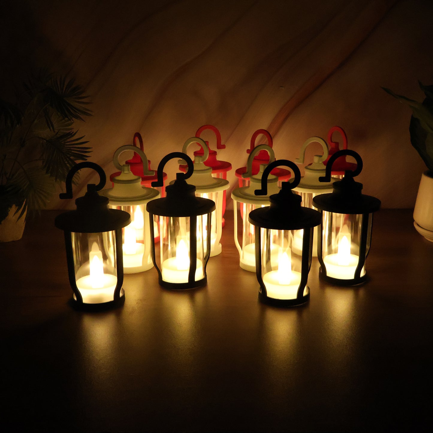 Set of 12 Lantern Shaped Flameless LED Candles with Hanging Hook – Warm Yellow Flickering Glow