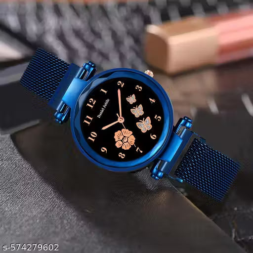 (10A)  Stylish Blue Magnetic Strap Analog Watch for Women – Elegant Floral Dial Edition