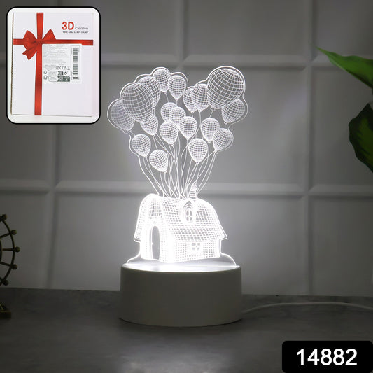 3D Illusion LED Night Lamp – House & Balloons Design