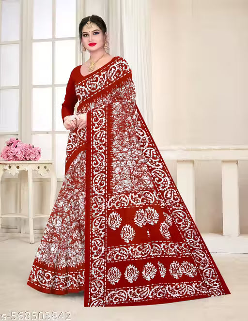 W2 - Karishma Premium Red Batik Pure Cotton Saree with Unstitched Blouse (0.80m)