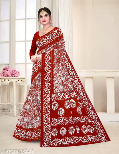 W2 - Karishma Premium Red Batik Pure Cotton Saree with Unstitched Blouse (0.80m)