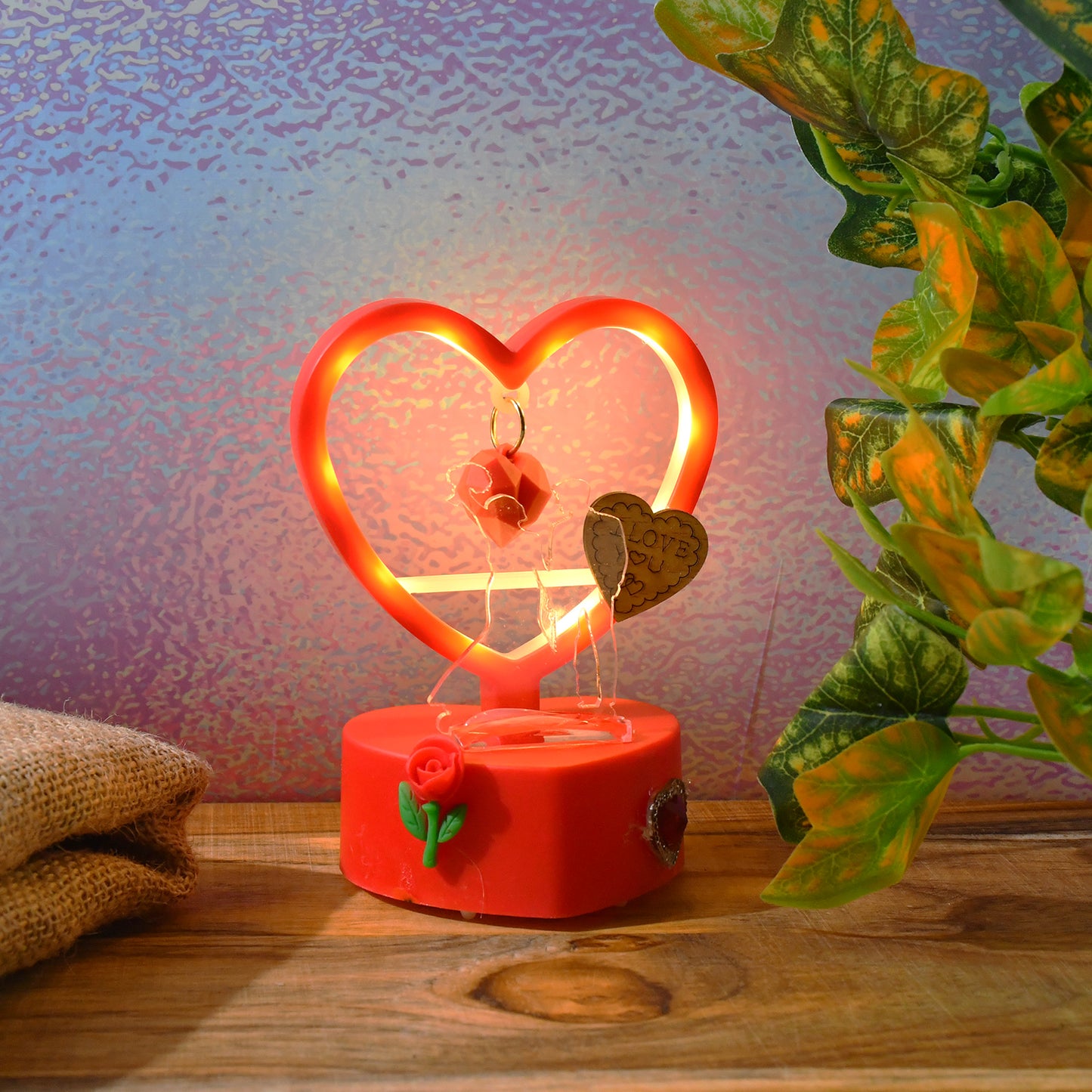 Romantic Heart-Shaped LED Light with Hanging Hearts & Rose – Gift for Loved Ones