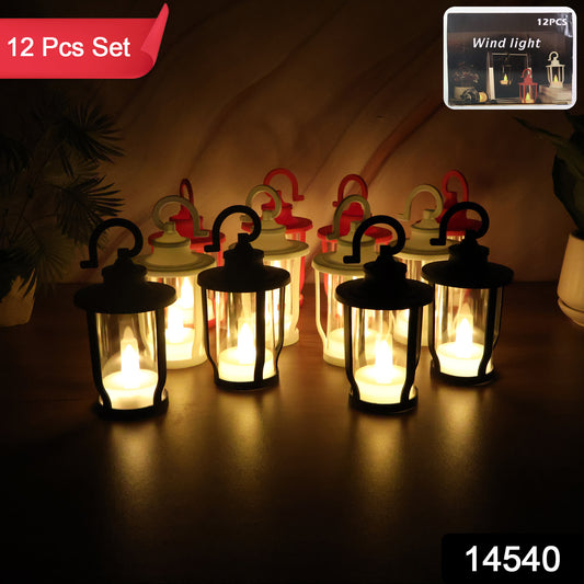 Set of 12 Lantern Shaped Flameless LED Candles with Hanging Hook – Warm Yellow Flickering Glow