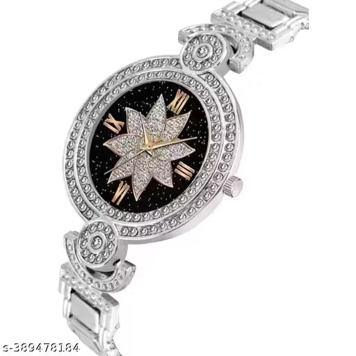 (14A) Medboo Silver Bracelet Watch with Black Star Flower Dial – Elegant Timepiece for Girls & Women