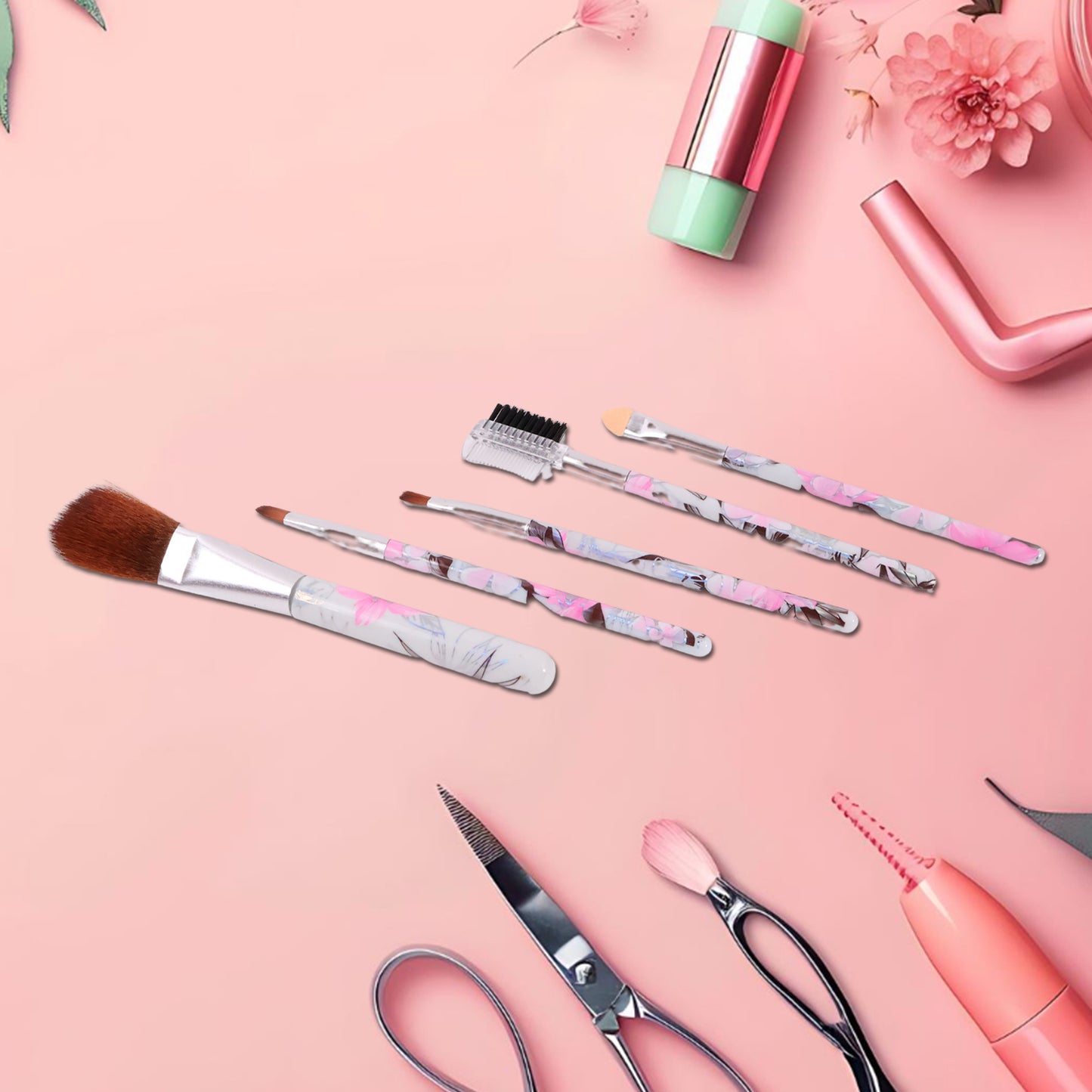 5-Piece Floral Makeup Brush Set – Eyes, Lips & Face Cosmetic Kit
