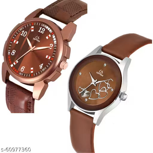 17A - SEPTEM Brown Couple Analog Watch Set – Stylish Professional Look
