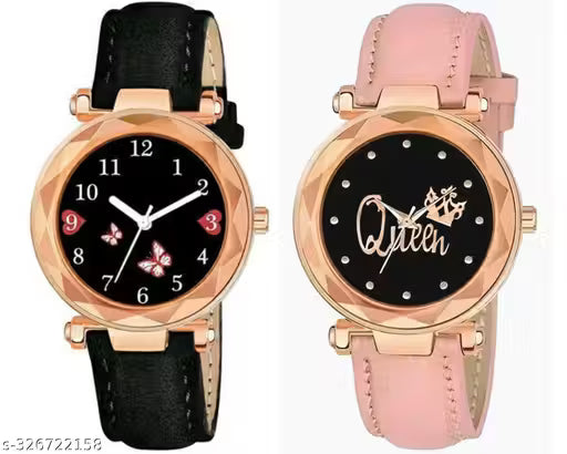 (8A) Premium Couple Queen & BF Designer Analog Leather Watches – Pack of 2