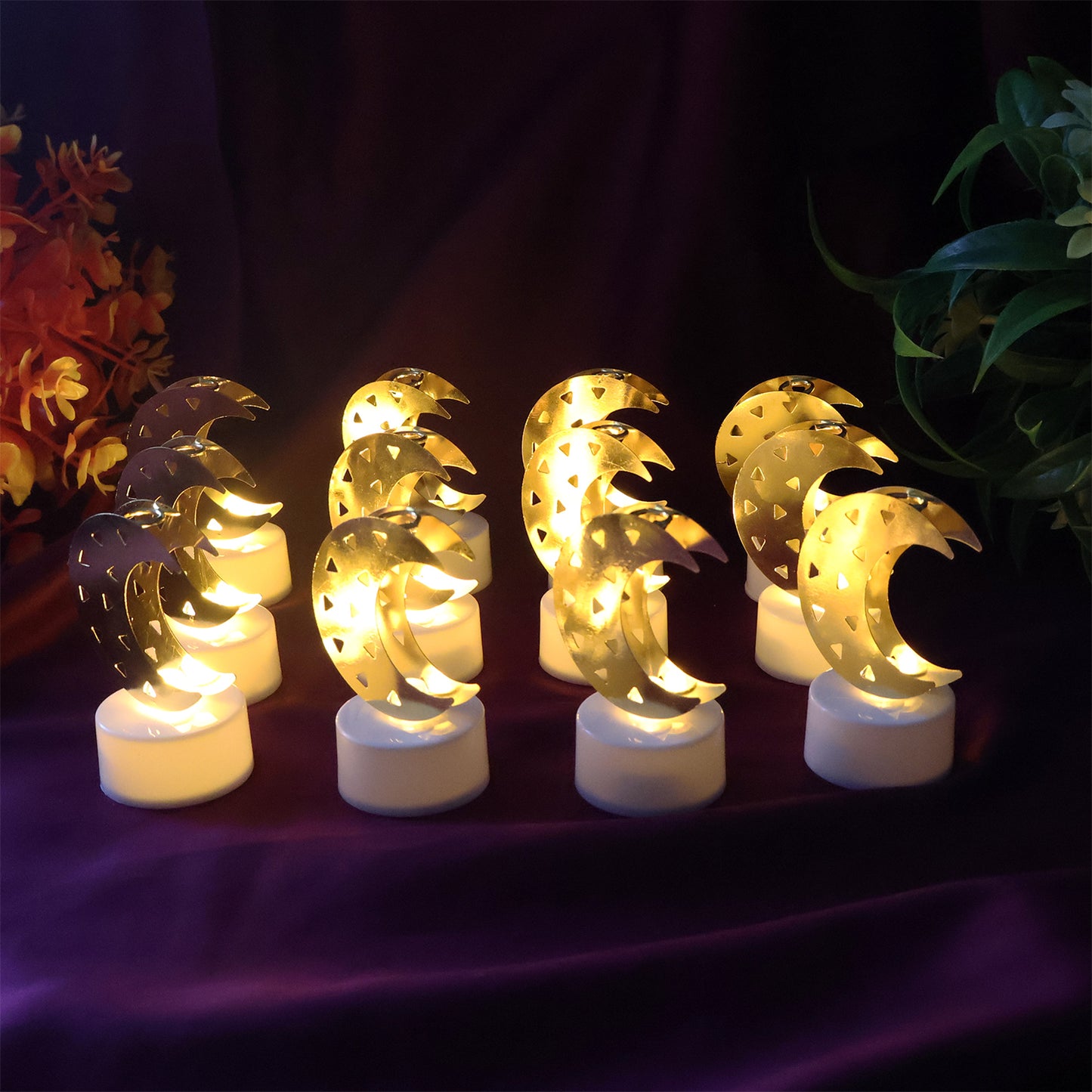 Set of 12 Decorative Moon Shaped Flameless LED Candles – Warm Yellow Glow