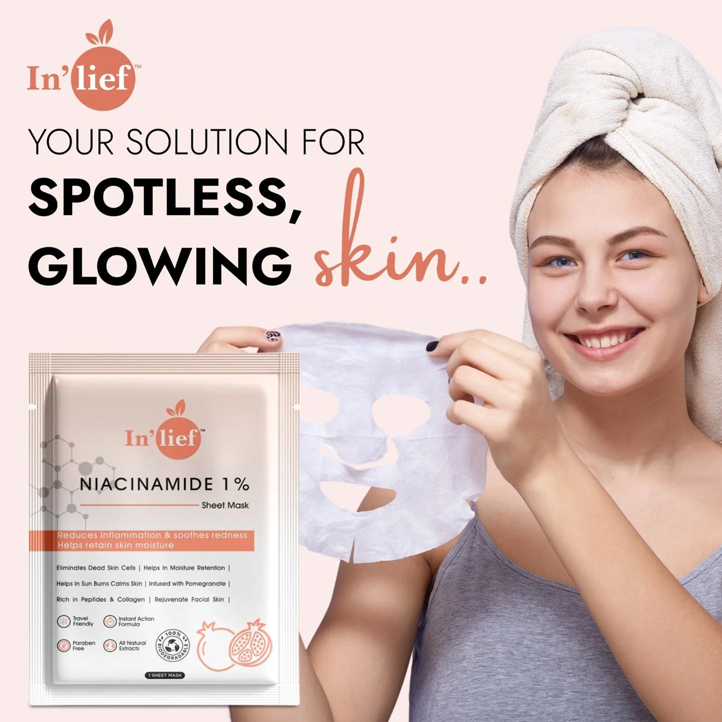 In’lief Niacinamide 1% Hydrating & Calming Facial Sheet Mask – With Pomegranate Extract (1 Pc)