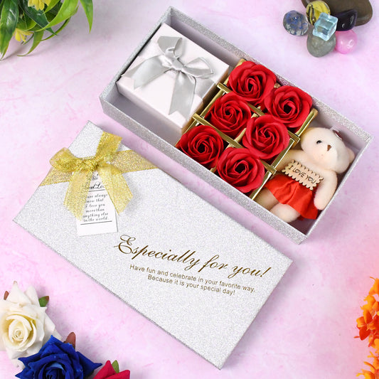 Valentine’s Day Gift Set – Designer Teddy & Roses Box