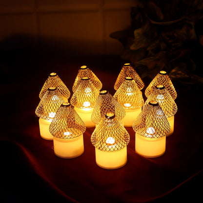 Set of 12 Golden Net LED Flameless Tealight Candles – Battery Operated Decorative Lights